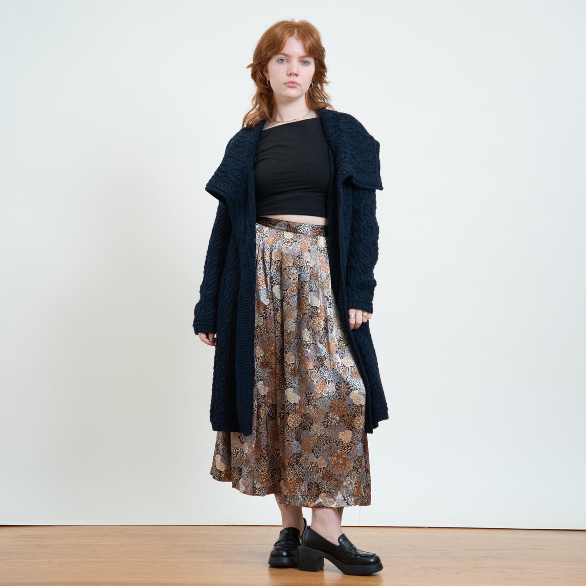 Vintage 90s Aran Crafts Midnight Blue Irish Cable Knit Long Cardigan - Large | Merino Wool Collared Sweater Coat