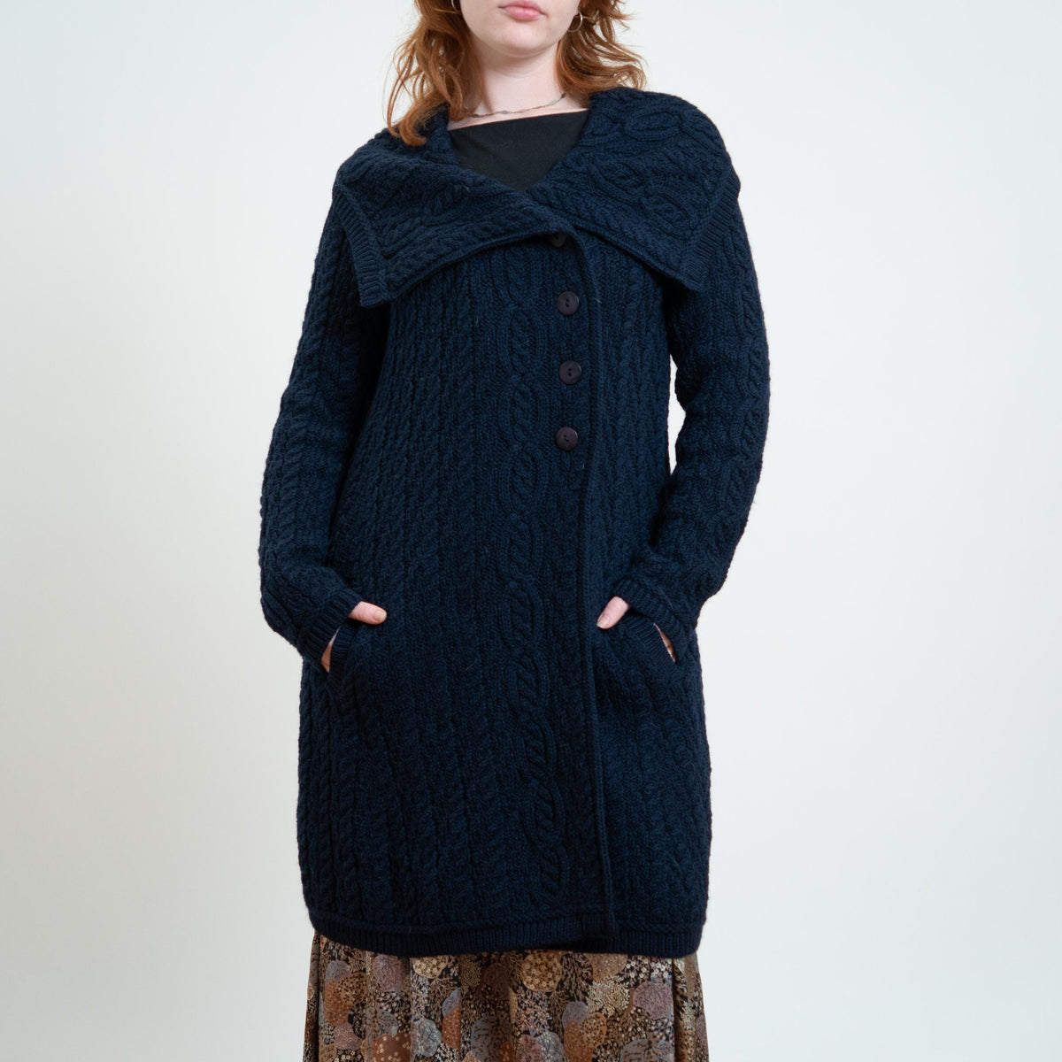Vintage 90s Aran Crafts Midnight Blue Irish Cable Knit Long Cardigan - Large | Merino Wool Collared Sweater Coat