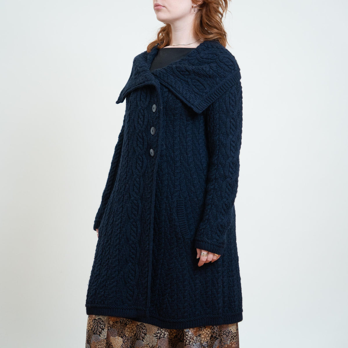 Vintage 90s Aran Crafts Midnight Blue Irish Cable Knit Long Cardigan - Large | Merino Wool Collared Sweater Coat