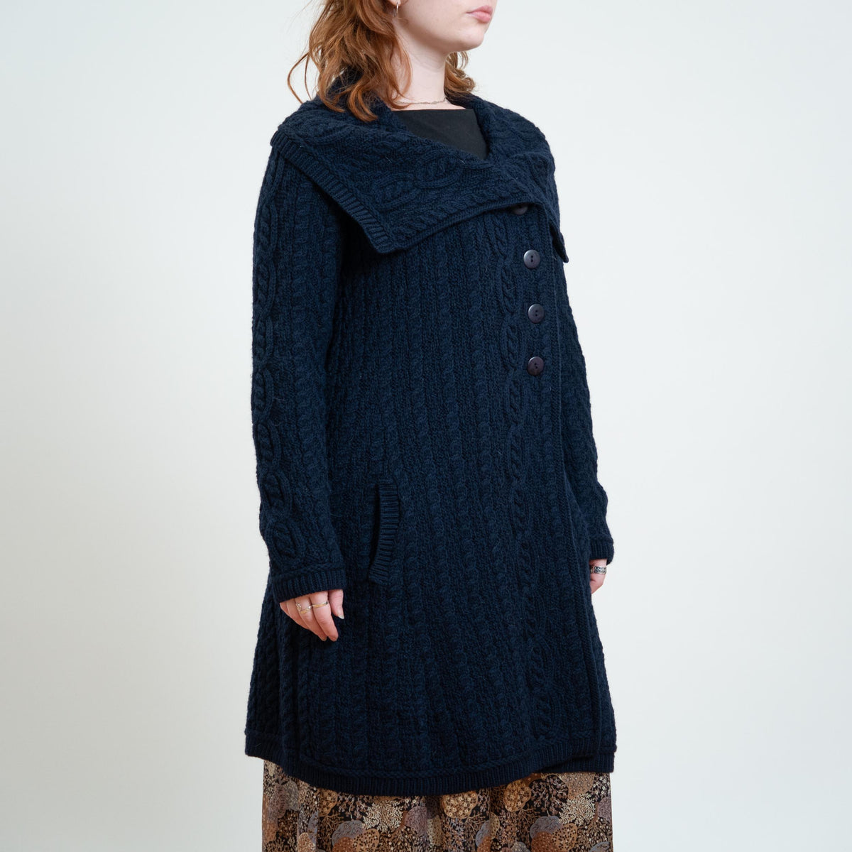 Vintage 90s Aran Crafts Midnight Blue Irish Cable Knit Long Cardigan - Large | Merino Wool Collared Sweater Coat