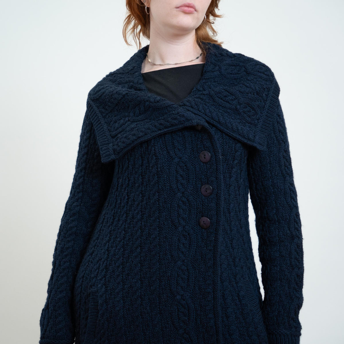 Vintage 90s Aran Crafts Midnight Blue Irish Cable Knit Long Cardigan - Large | Merino Wool Collared Sweater Coat