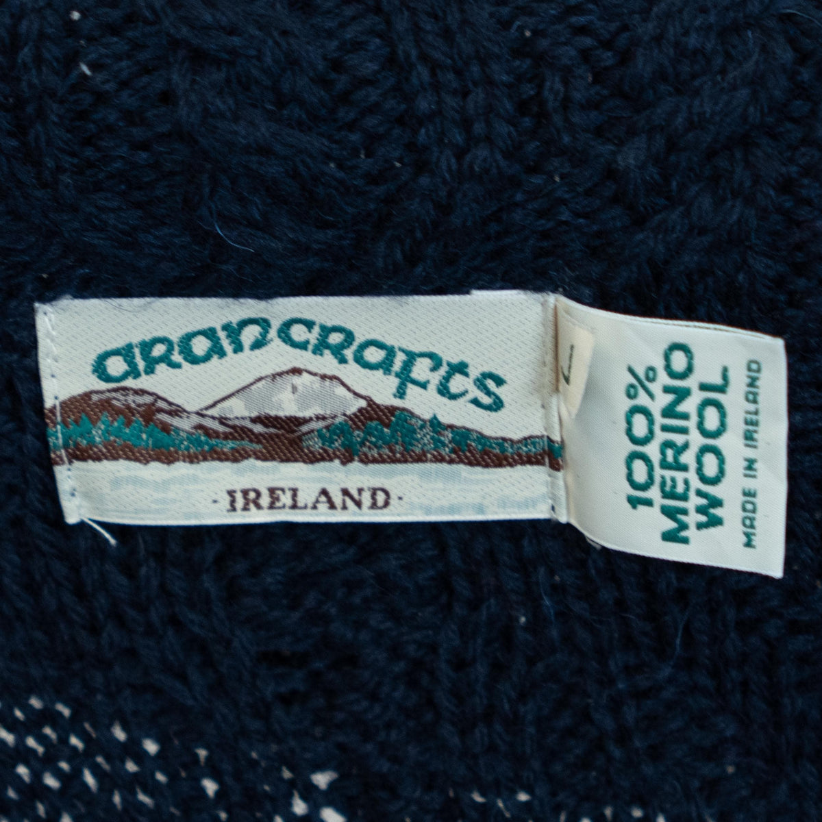 Vintage 90s Aran Crafts Midnight Blue Irish Cable Knit Long Cardigan - Large | Merino Wool Collared Sweater Coat