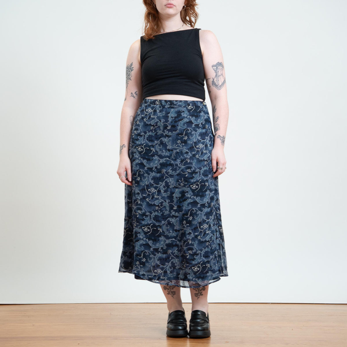 Vintage 90s Blue Floral Vine Print Midi Skirt - Medium to Large | Boho High Waisted A Line Skirt
