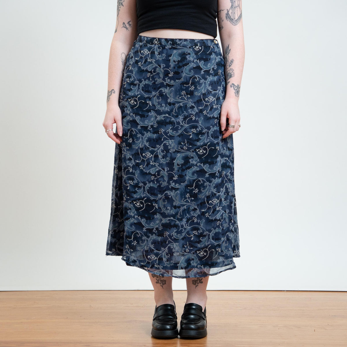 Vintage 90s Blue Floral Vine Print Midi Skirt - Medium to Large | Boho High Waisted A Line Skirt