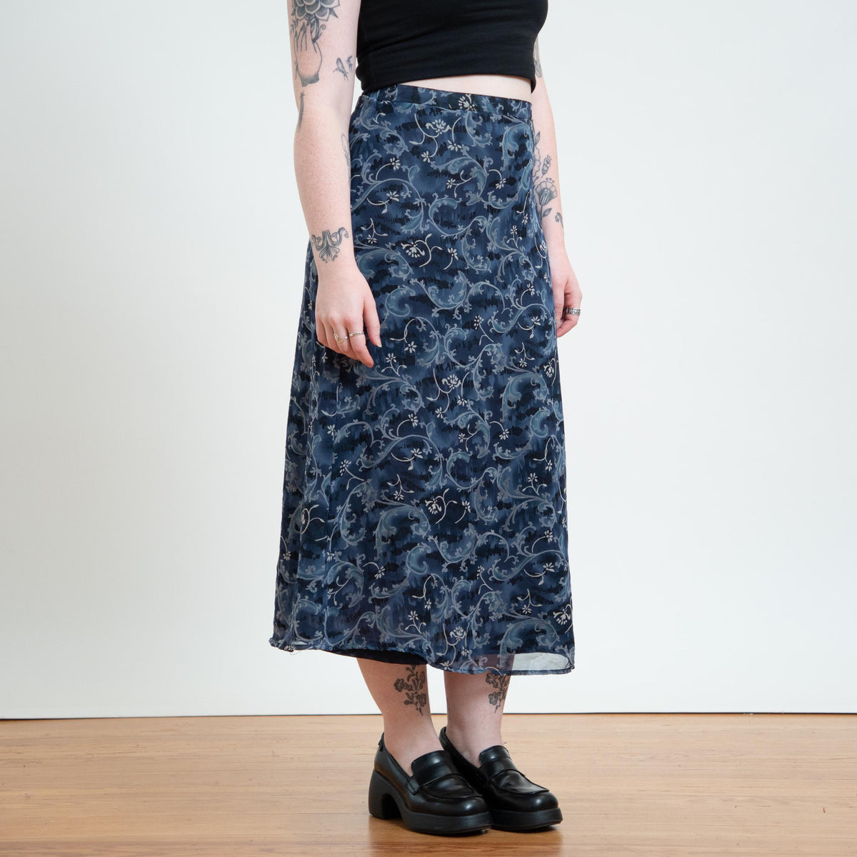 Vintage 90s Blue Floral Vine Print Midi Skirt - Medium to Large | Boho High Waisted A Line Skirt