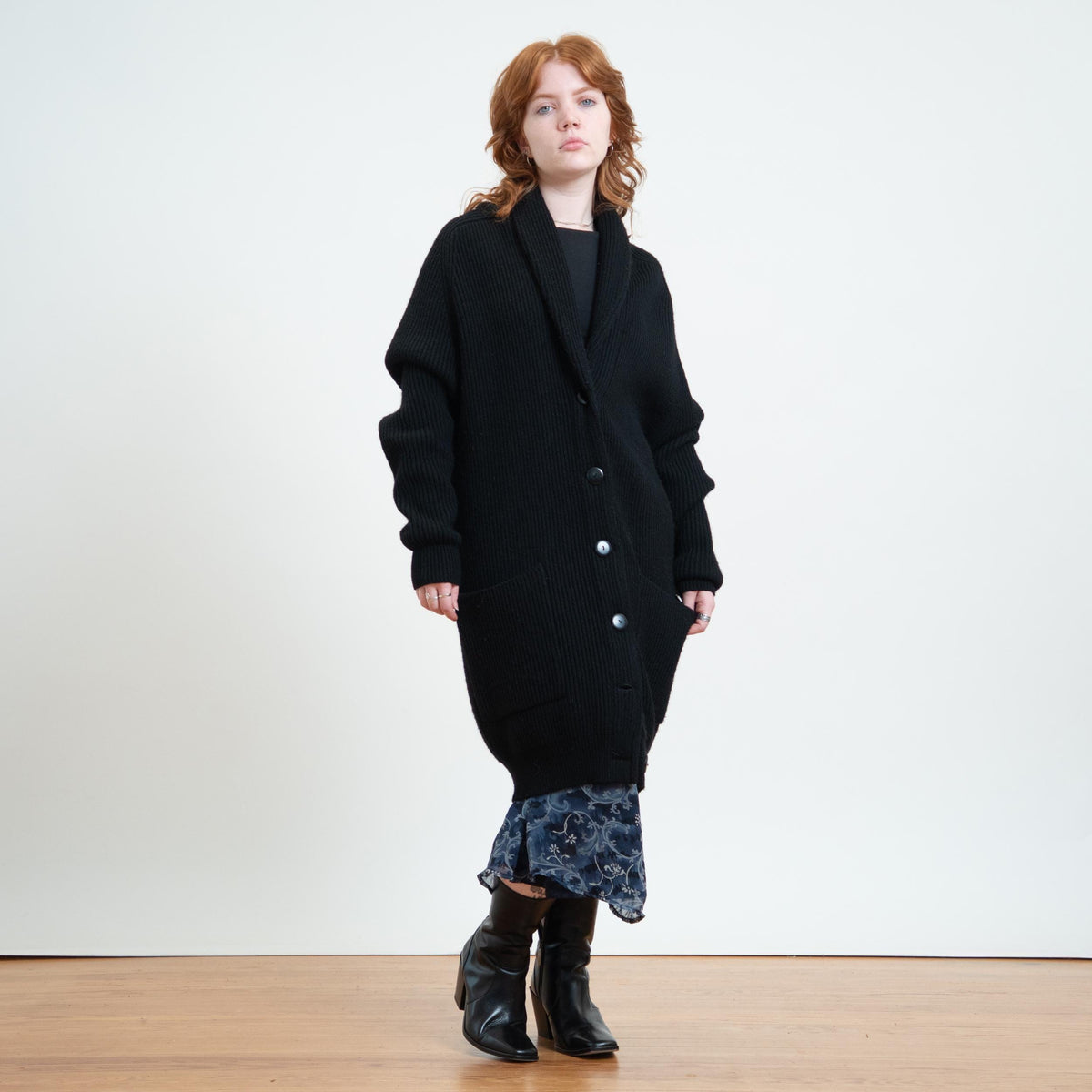 Vintage 90s Black Wool Duster Cardigan - Large | Chunky Knit Longline Shawl Collar Sweater Coat