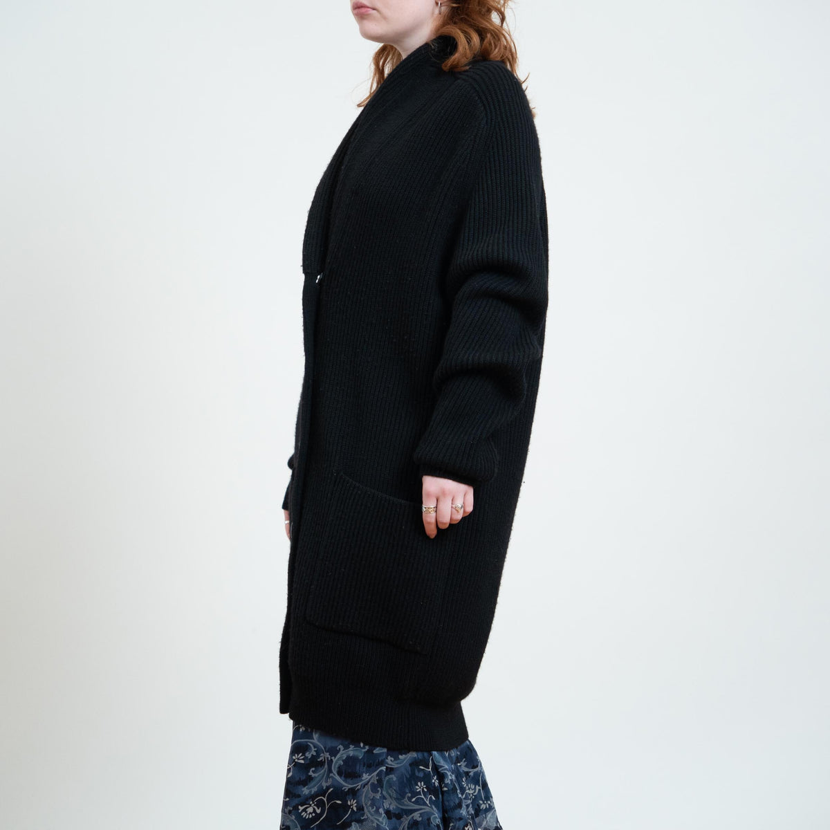 Vintage 90s Black Wool Duster Cardigan - Large | Chunky Knit Longline Shawl Collar Sweater Coat