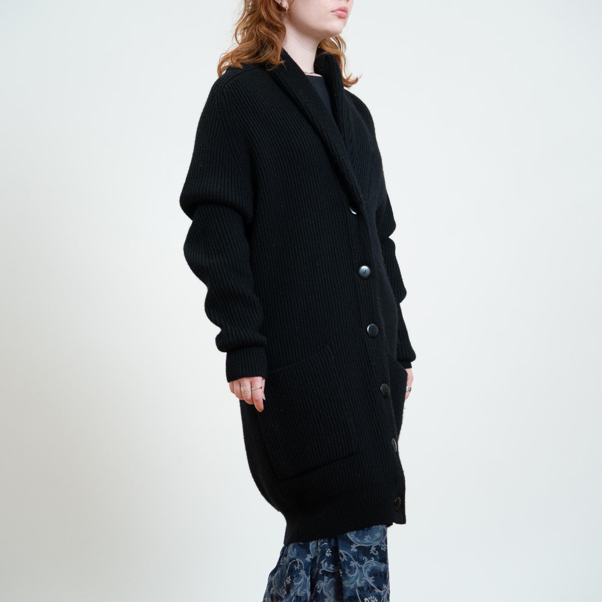 Vintage 90s Black Wool Duster Cardigan - Large | Chunky Knit Longline Shawl Collar Sweater Coat