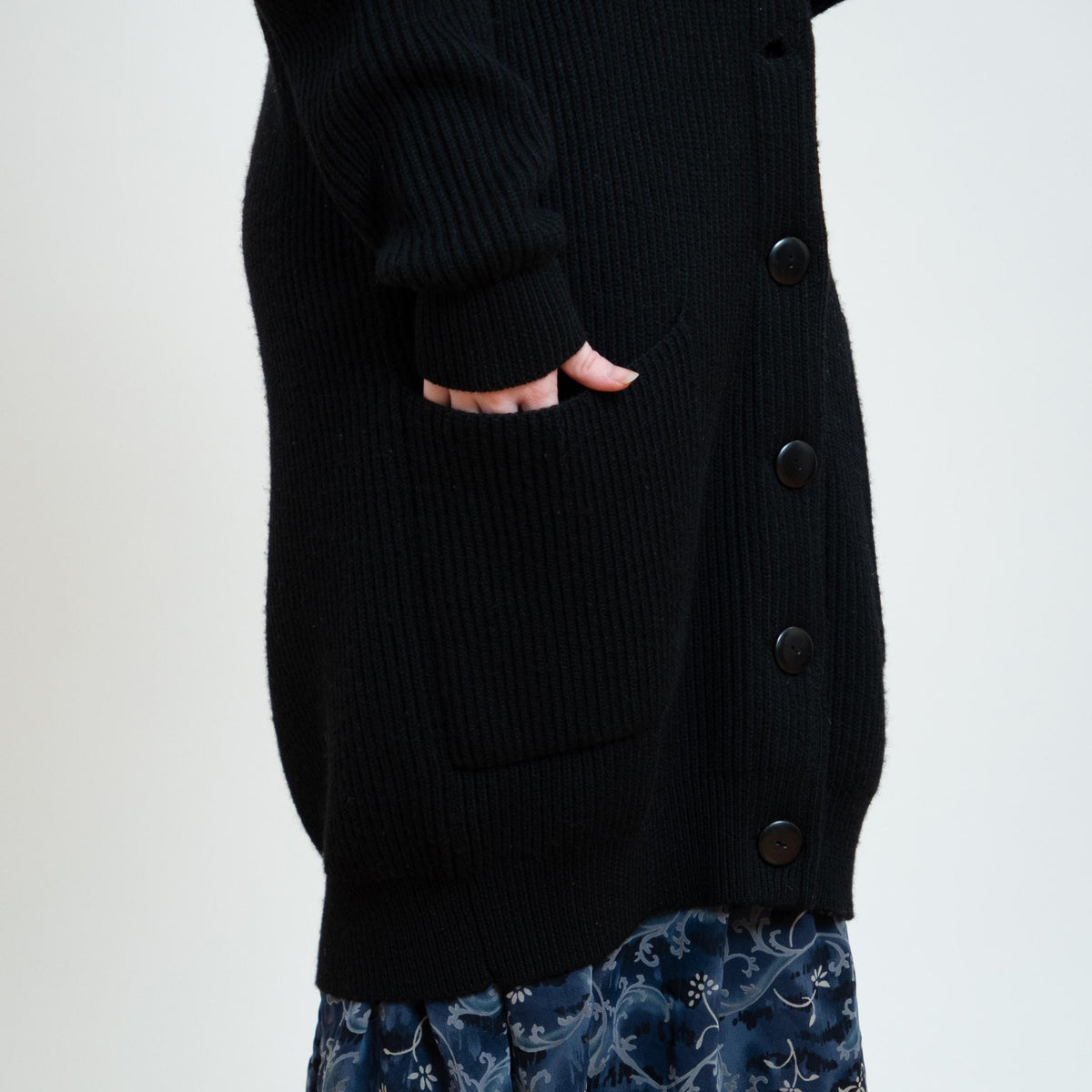 Vintage 90s Black Wool Duster Cardigan - Large | Chunky Knit Longline Shawl Collar Sweater Coat