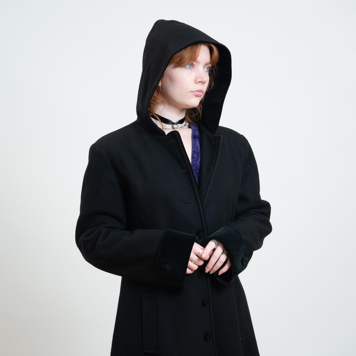 Vintage 90s Black Wool Hooded Maxi Princess Coat - Large Tall | Mario De Pinto Gothic Long Overcoat