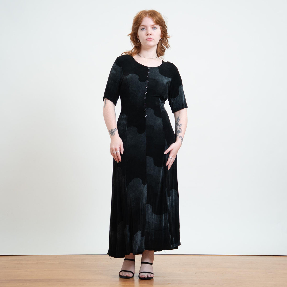 Vintage 90s Black Wave Op Art Slinky Maxi Dress - Large | Stretchy Tie Back Grunge Dress