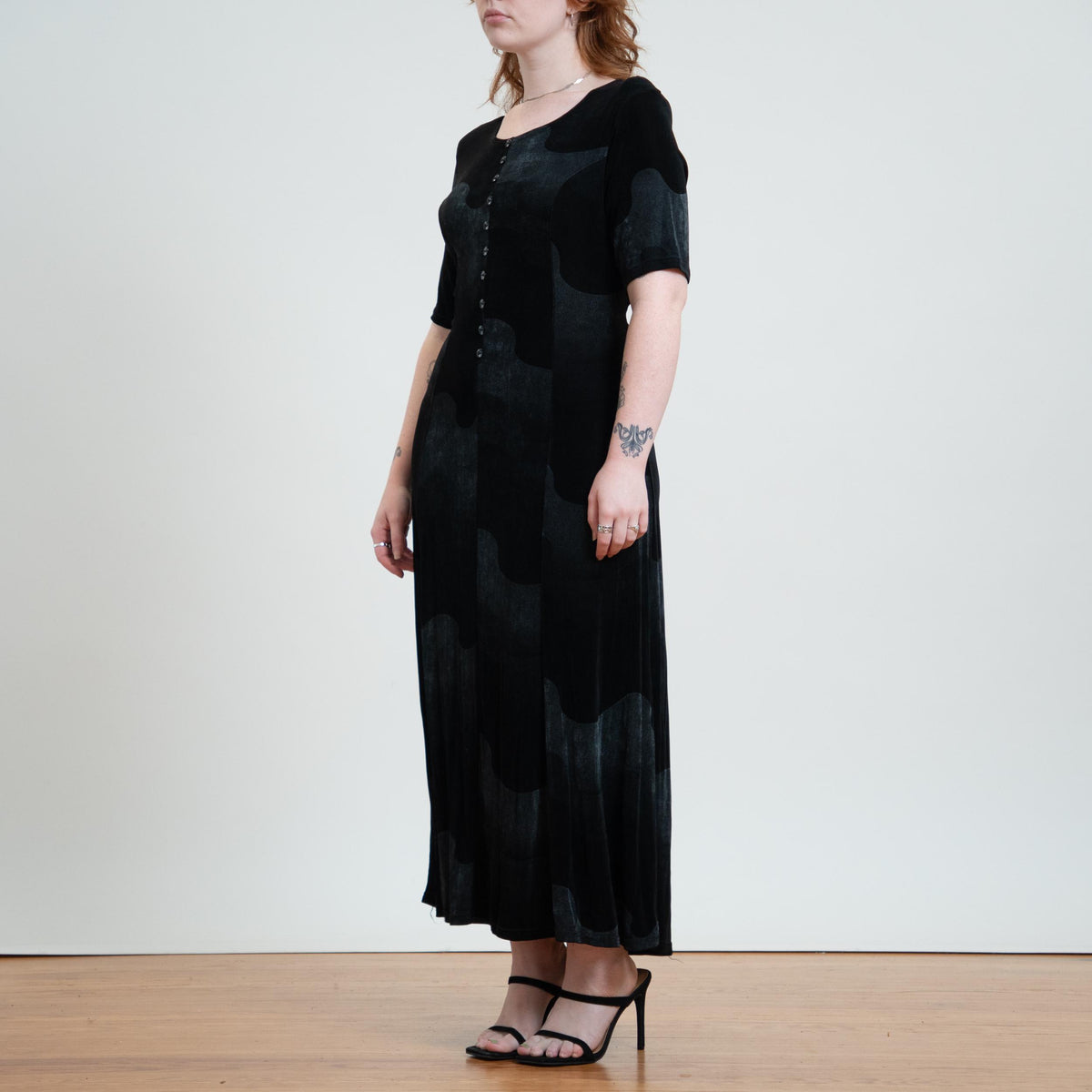 Vintage 90s Black Wave Op Art Slinky Maxi Dress - Large | Stretchy Tie Back Grunge Dress