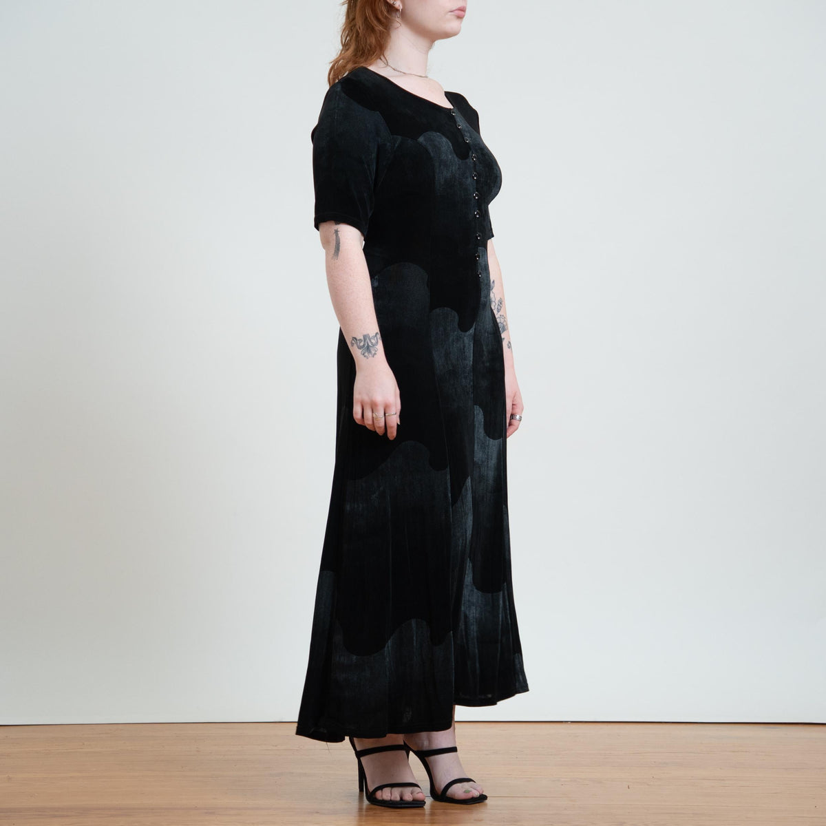 Vintage 90s Black Wave Op Art Slinky Maxi Dress - Large | Stretchy Tie Back Grunge Dress