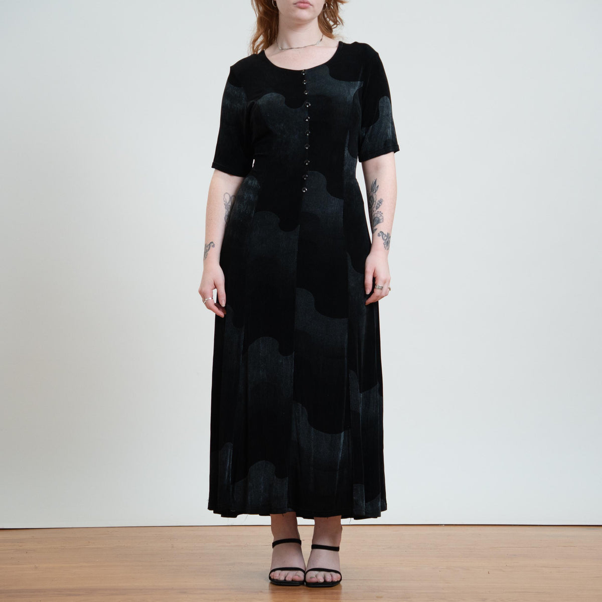 Vintage 90s Black Wave Op Art Slinky Maxi Dress - Large | Stretchy Tie Back Grunge Dress