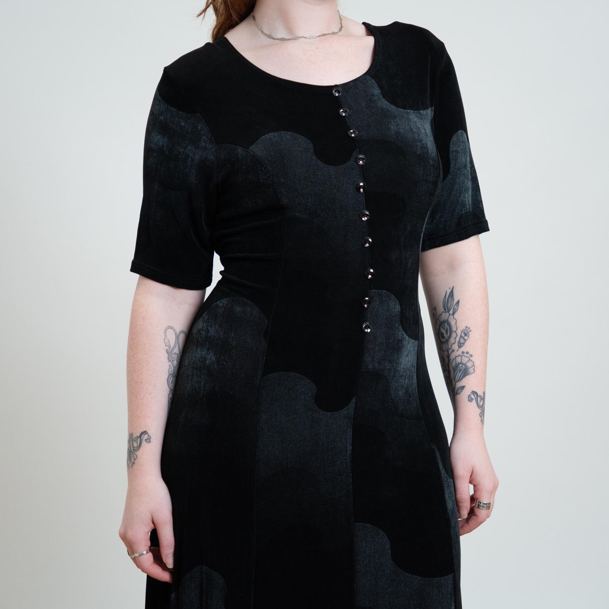 Vintage 90s Black Wave Op Art Slinky Maxi Dress - Large | Stretchy Tie Back Grunge Dress