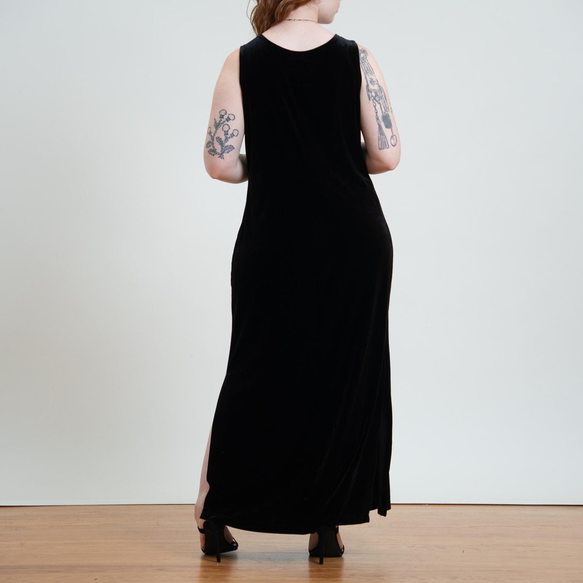 Vintage 90s Black Velvet Maxi Tank Dress - Large | Sleeveless Minimalist Grunge Dress