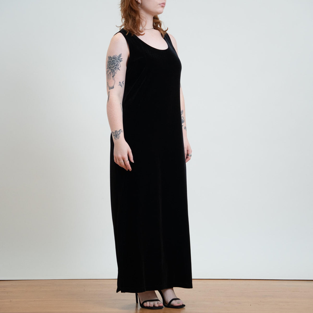 Vintage 90s Black Velvet Maxi Tank Dress - Large | Sleeveless Minimalist Grunge Dress
