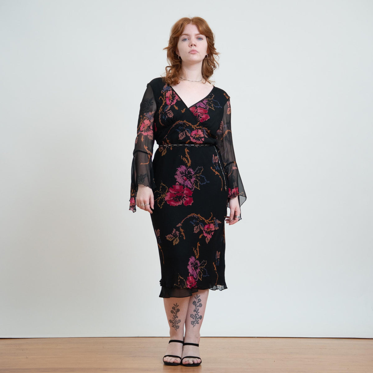 Vintage Y2K Black Floral Silk Angel Sleeve Dress - Large | 2000s Boho Bias Cut Fairy Dress