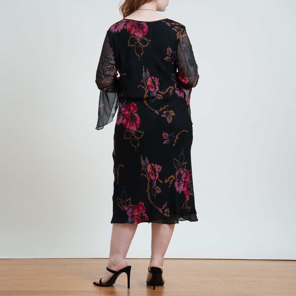 Vintage Y2K Black Floral Silk Angel Sleeve Dress - Large | 2000s Boho Bias Cut Fairy Dress
