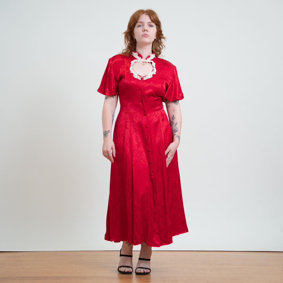Vintage 90s Does Victorian Red Rose Jacquard Maxi Dress - Medium to Large | Frederick's Of Hollywood Brocade Satin Keyhole Dress