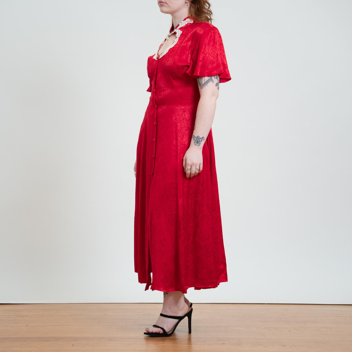 Vintage 90s Does Victorian Red Rose Jacquard Maxi Dress - Medium to Large | Frederick's Of Hollywood Brocade Satin Keyhole Dress