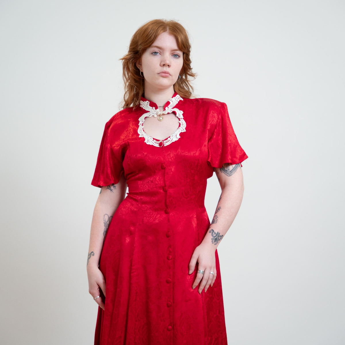 Vintage 90s Does Victorian Red Rose Jacquard Maxi Dress - Medium to Large | Frederick's Of Hollywood Brocade Satin Keyhole Dress