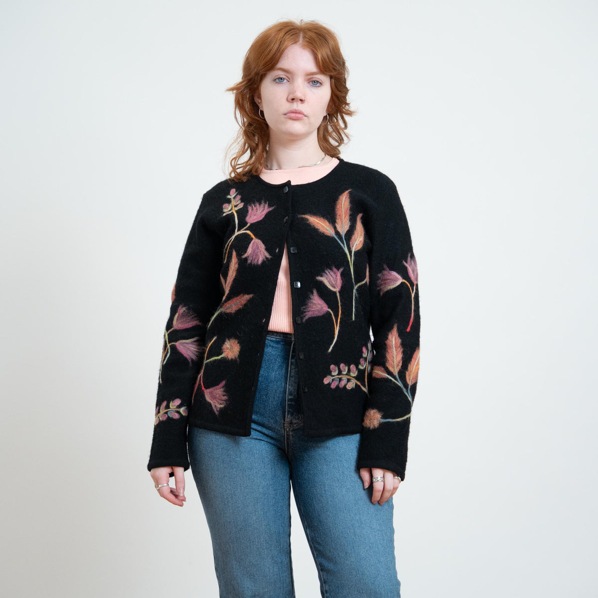 Vintage Y2K Black Wispy Floral Embroidered Cardigan - Medium | Susan Bristol Boho Wool Button Up Sweater