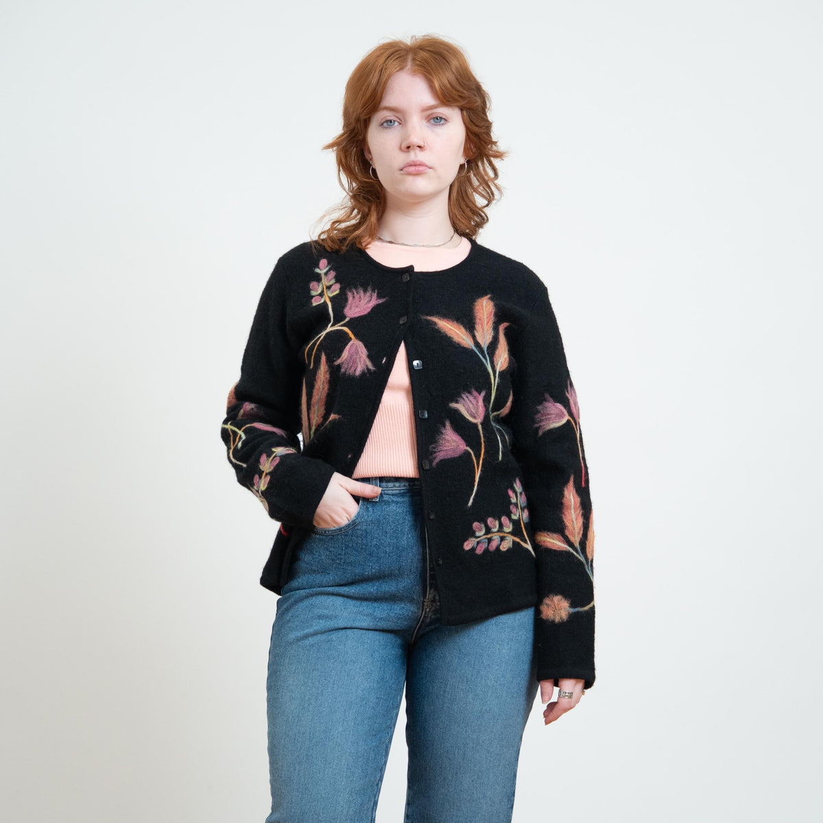 Vintage Y2K Black Wispy Floral Embroidered Cardigan - Medium | Susan Bristol Boho Wool Button Up Sweater