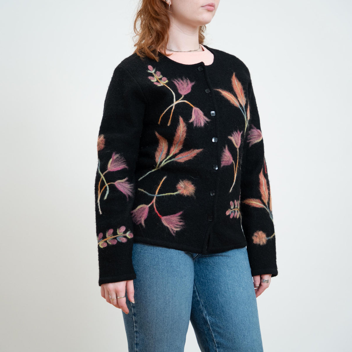 Vintage Y2K Black Wispy Floral Embroidered Cardigan - Medium | Susan Bristol Boho Wool Button Up Sweater