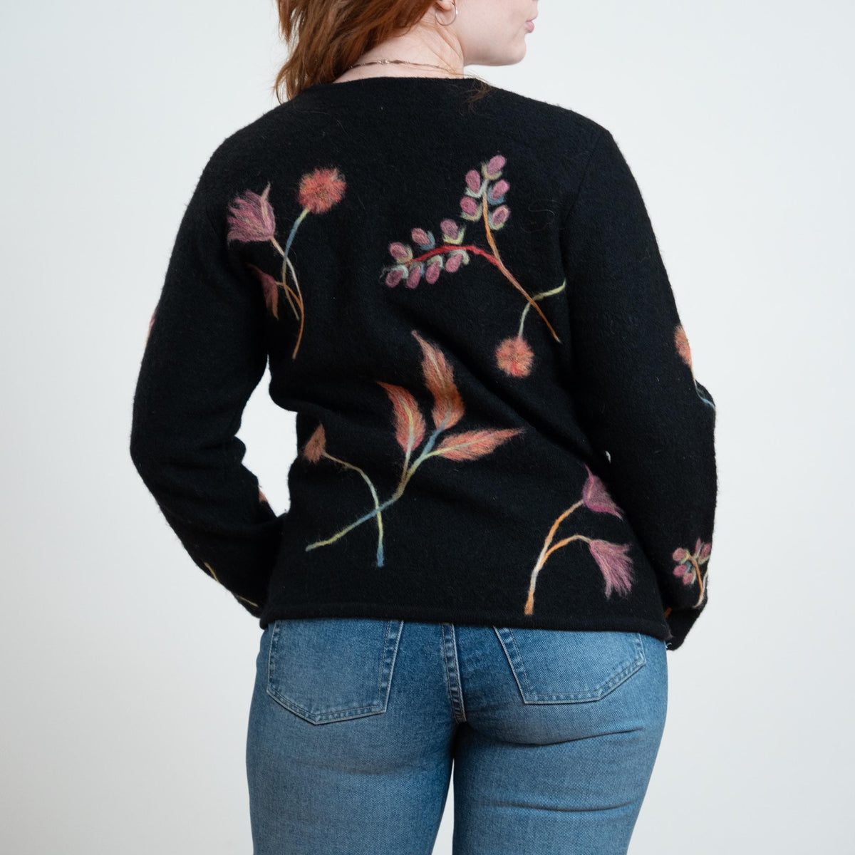 Vintage Y2K Black Wispy Floral Embroidered Cardigan - Medium | Susan Bristol Boho Wool Button Up Sweater