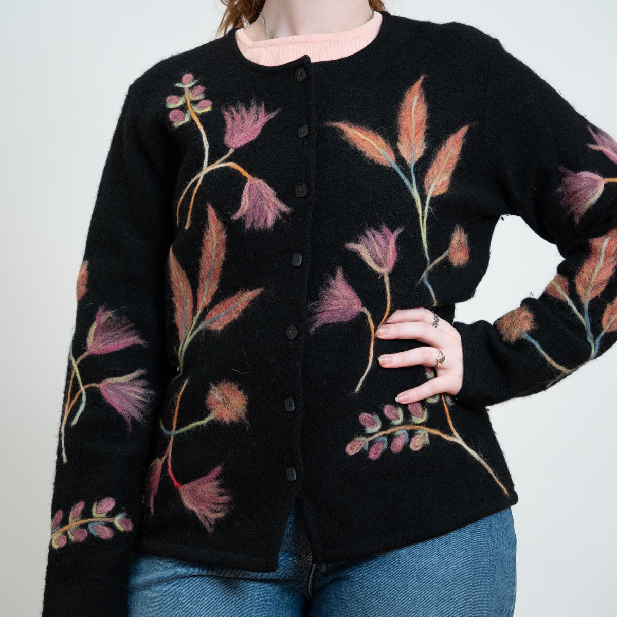 Vintage Y2K Black Wispy Floral Embroidered Cardigan - Medium | Susan Bristol Boho Wool Button Up Sweater