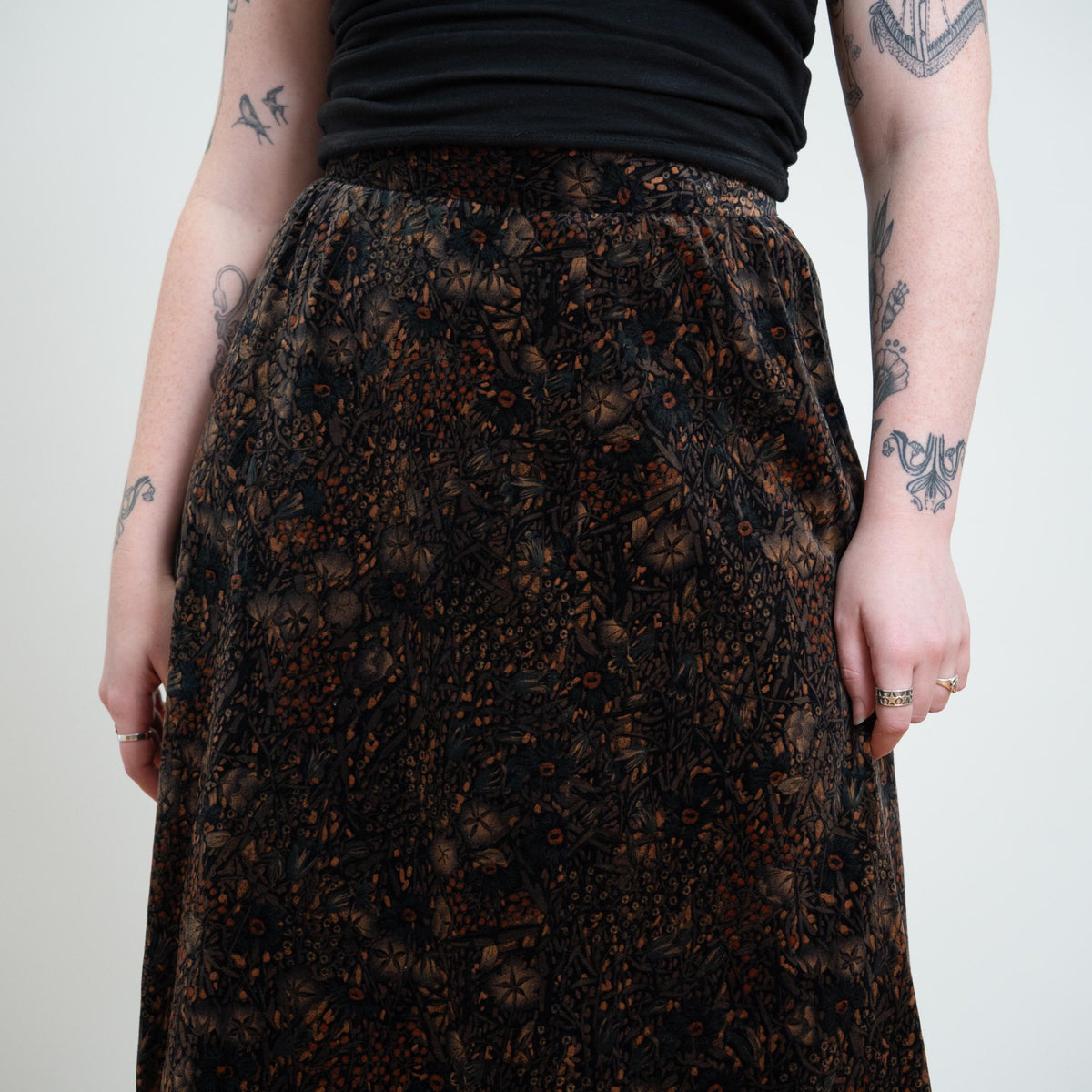 Vintage 70s Dark Floral Velvet Maxi Skirt - Medium, 30" Waist | Boho High Waisted A Line Hostess Skirt