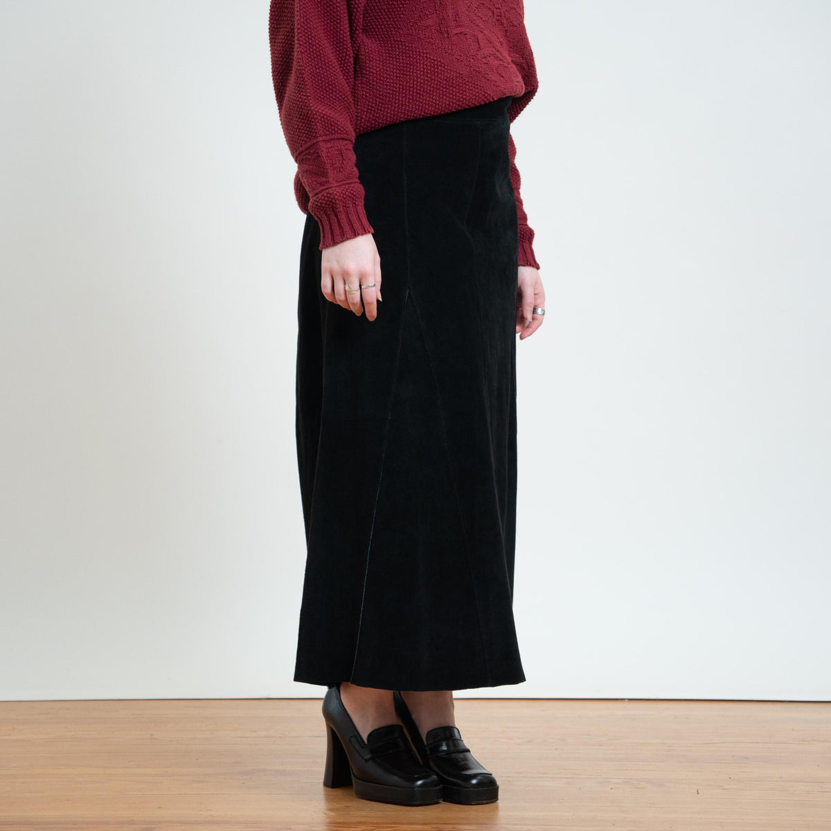 Vintage Y2K Black Suede Witchy Maxi Skirt - Extra Large, 37" Waist | High Waisted Long Leather Skirt