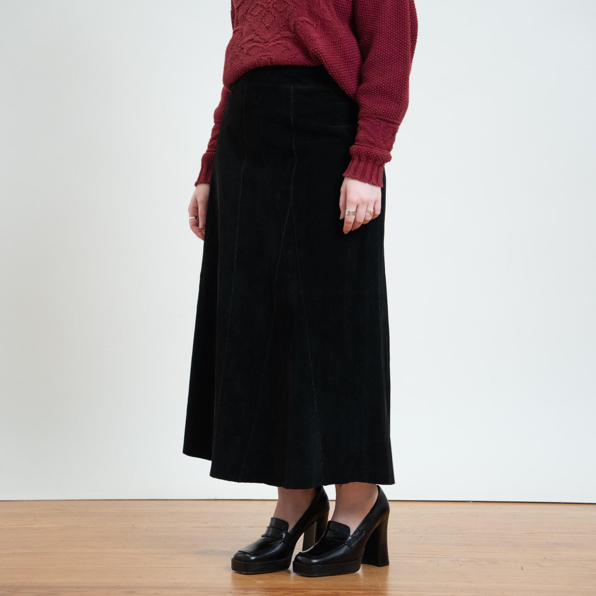 Vintage Y2K Black Suede Witchy Maxi Skirt - Extra Large, 37" Waist | High Waisted Long Leather Skirt
