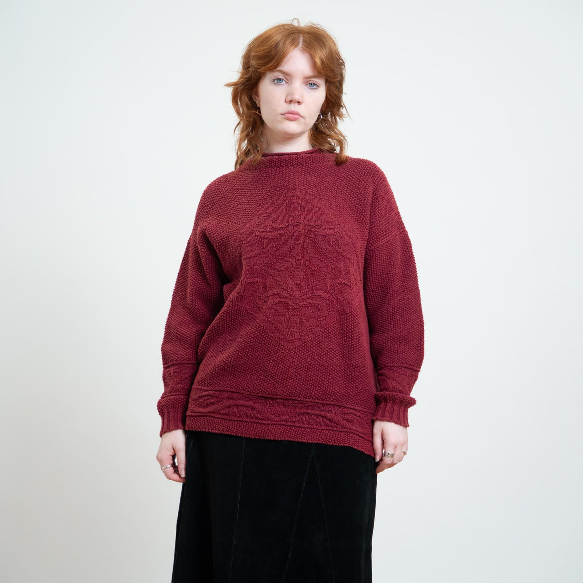 Vintage 90s Wine Red Cotton Roll Neck Sweater - Medium | Chunky Cable Knit Pullover