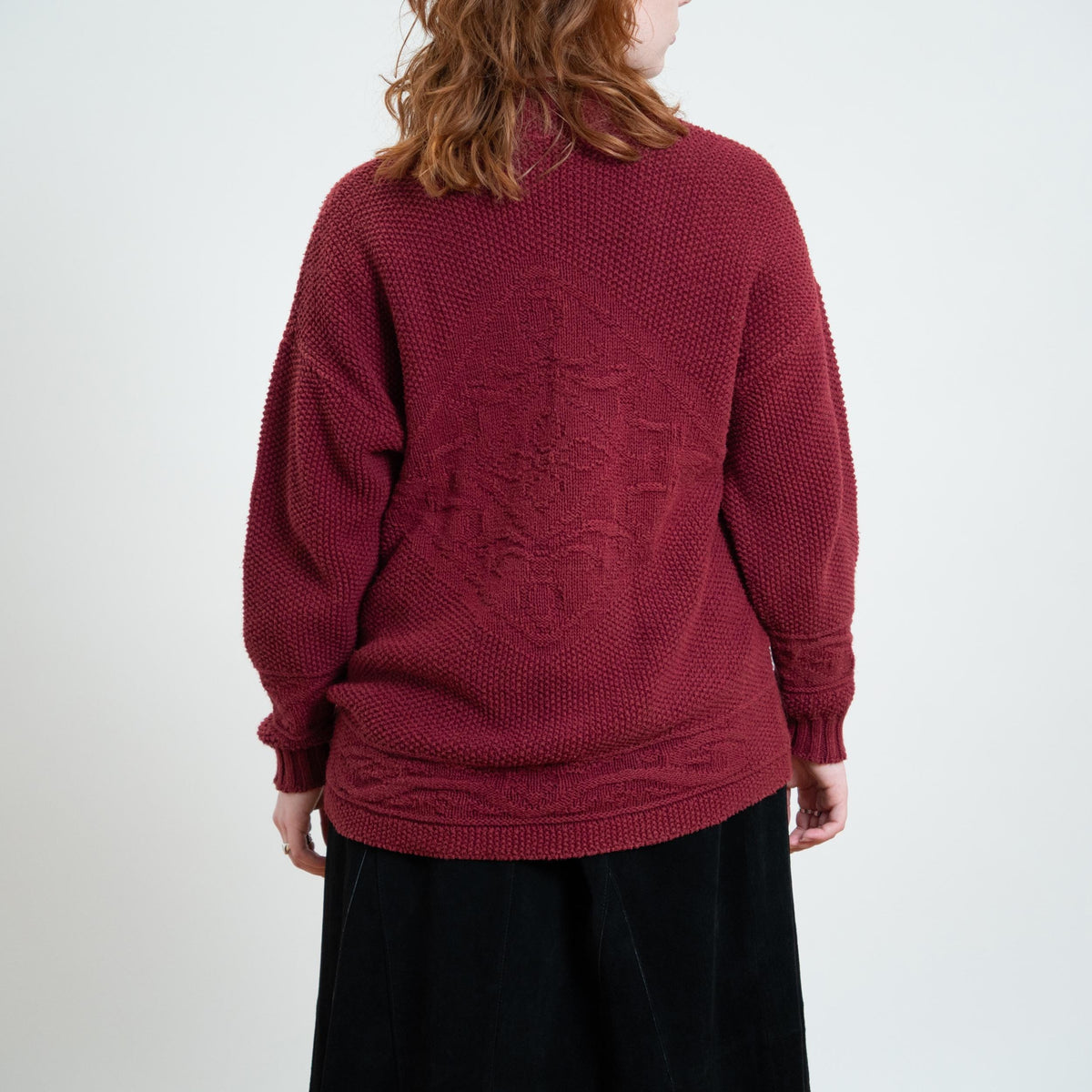 Vintage 90s Wine Red Cotton Roll Neck Sweater - Medium | Chunky Cable Knit Pullover