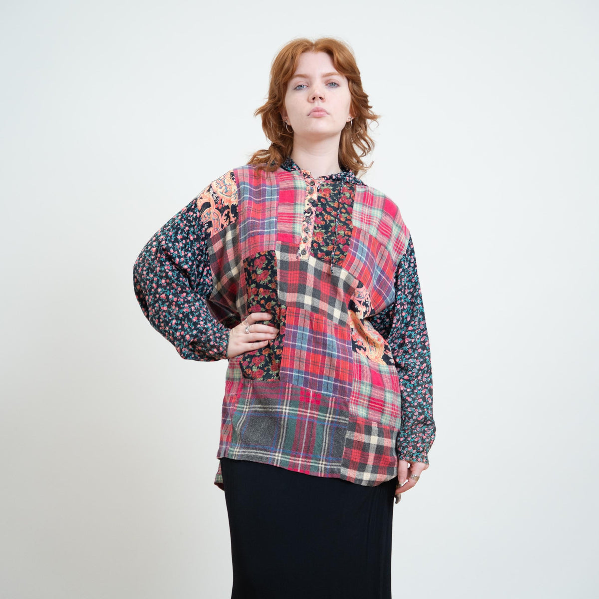 Vintage 90s Pink Flannel & Floral Patchwork Hoodie - Large | Grunge Long Sleeve Hooded Top