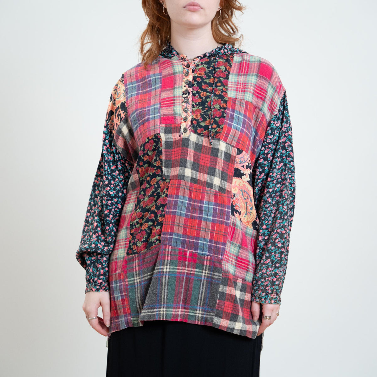 Vintage 90s Pink Flannel & Floral Patchwork Hoodie - Large | Grunge Long Sleeve Hooded Top