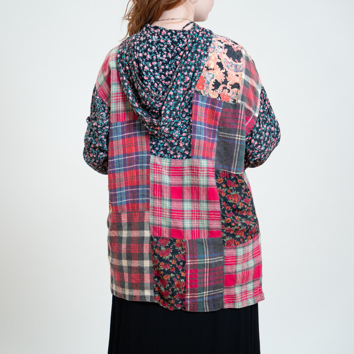 Vintage 90s Pink Flannel & Floral Patchwork Hoodie - Large | Grunge Long Sleeve Hooded Top