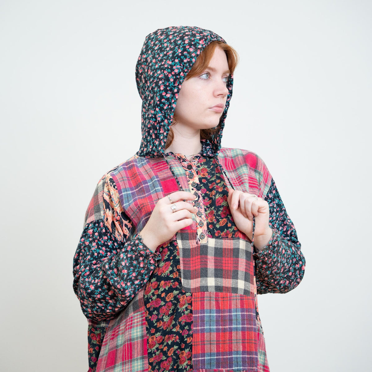 Vintage 90s Pink Flannel & Floral Patchwork Hoodie - Large | Grunge Long Sleeve Hooded Top