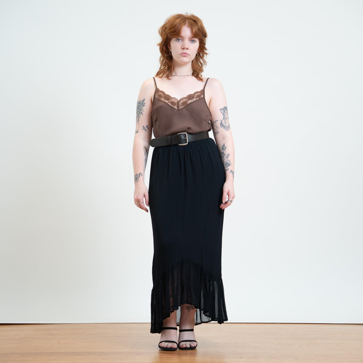 Vintage 90s Black Witchy High-Low Hem Maxi Skirt - Medium to Large | Boho Gothic Chiffon Ruffle Skirt