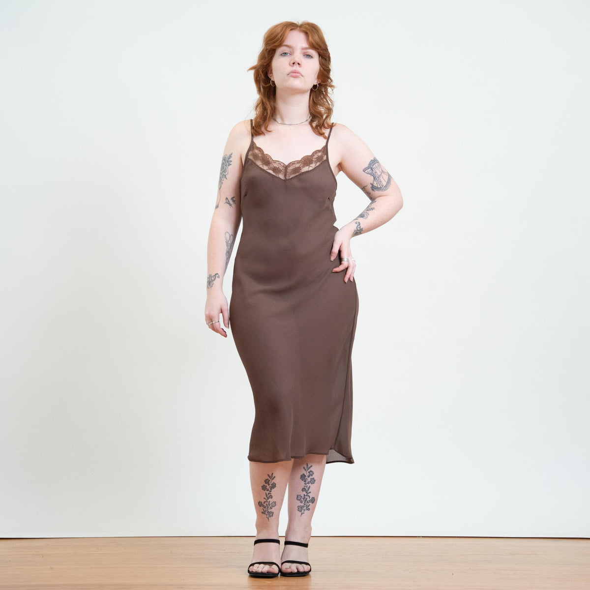 Vintage 90s Cocoa Brown Midi Slip Dress - Medium | Bias Cut Lace Bodice Lingerie