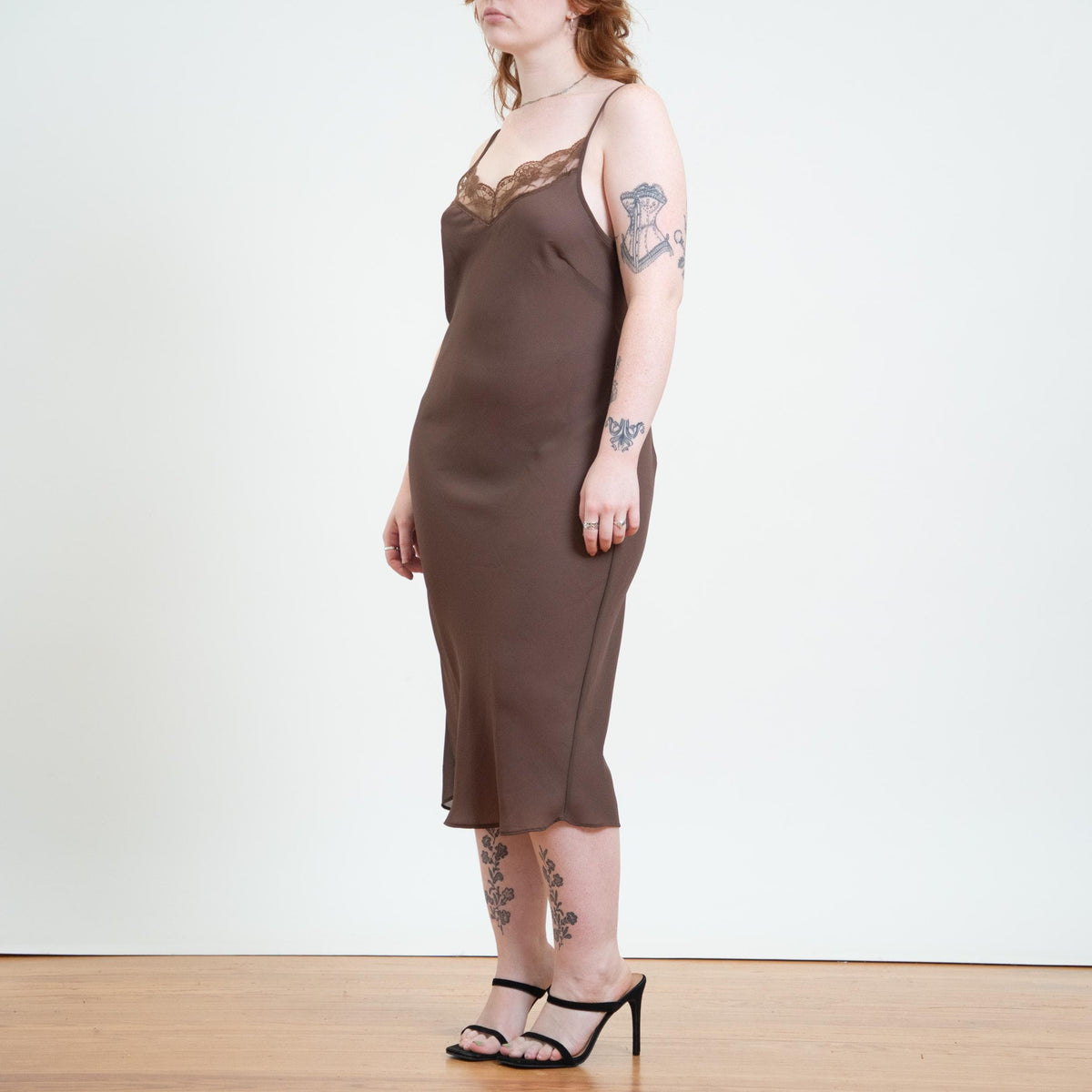 Vintage 90s Cocoa Brown Midi Slip Dress - Medium | Bias Cut Lace Bodice Lingerie
