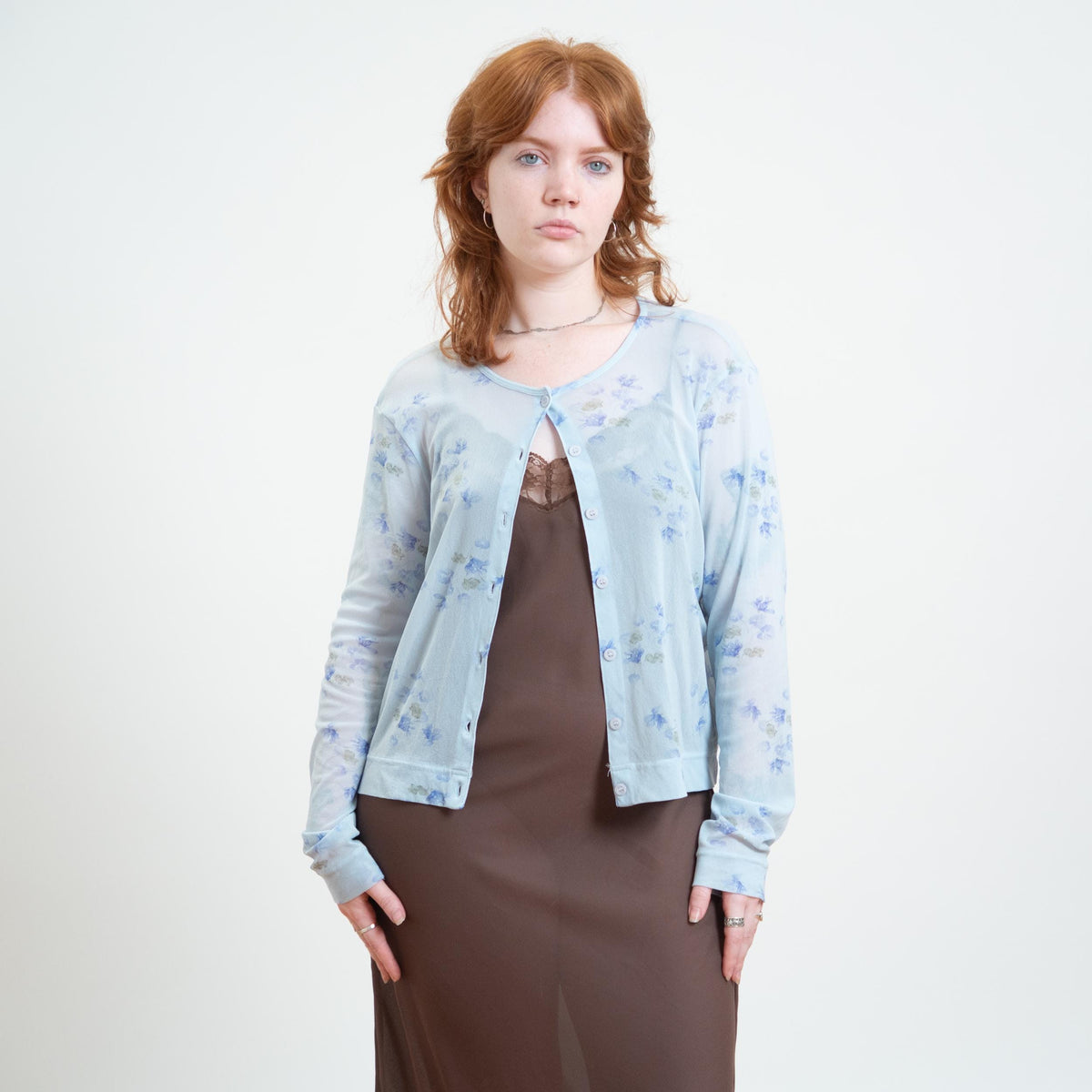 Vintage 90s Sheer Baby Blue Floral Cardigan Top - Large | Lightweight Mesh Button Up Shirt