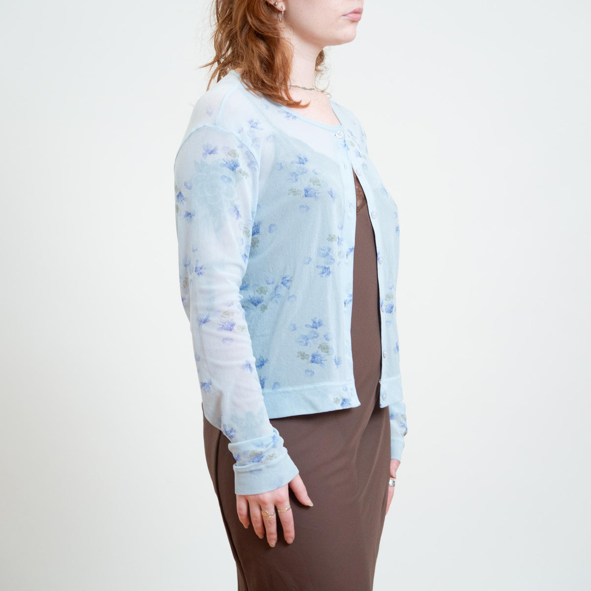 Vintage 90s Sheer Baby Blue Floral Cardigan Top - Large | Lightweight Mesh Button Up Shirt