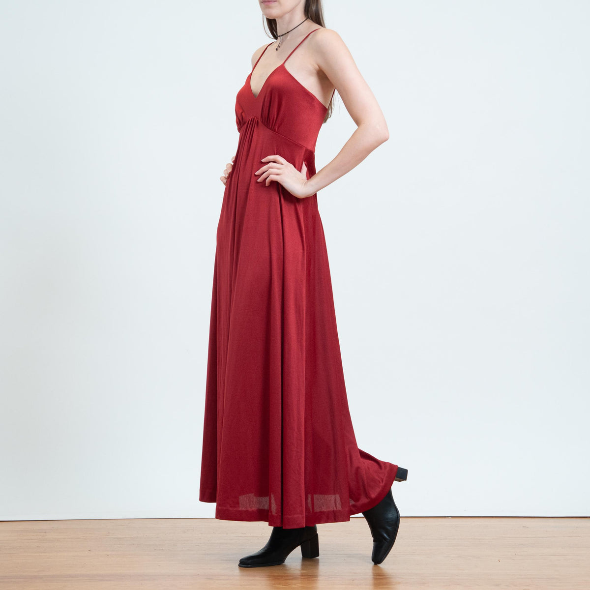 Vintage 70s Wine Red Maxi Party Dress - Small | Boho Spaghetti Strap Grecian Disco Dress