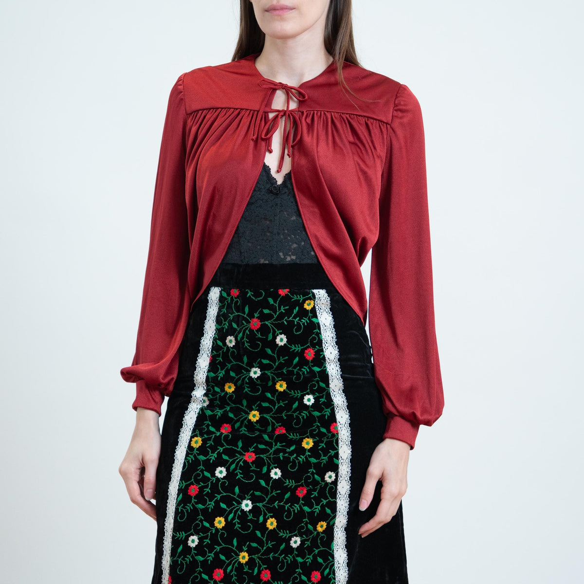 Vintage 70s Wine Red Petal Hem Bolero - XS to Small | Boho Tie Front Crop Top