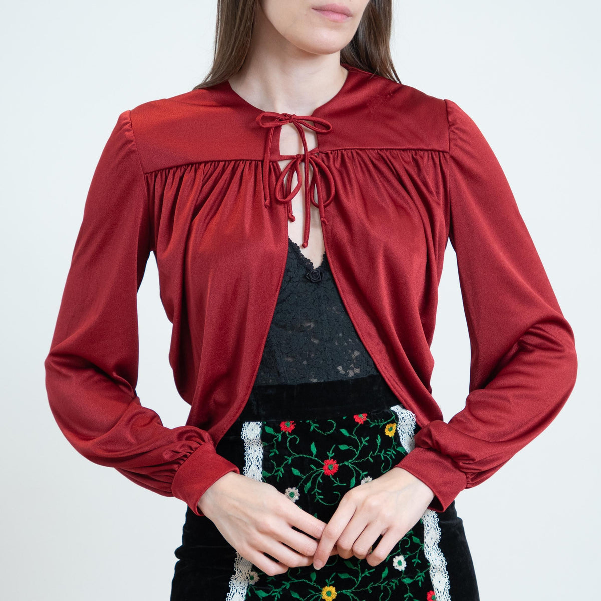 Vintage 70s Wine Red Petal Hem Bolero - XS to Small | Boho Tie Front Crop Top