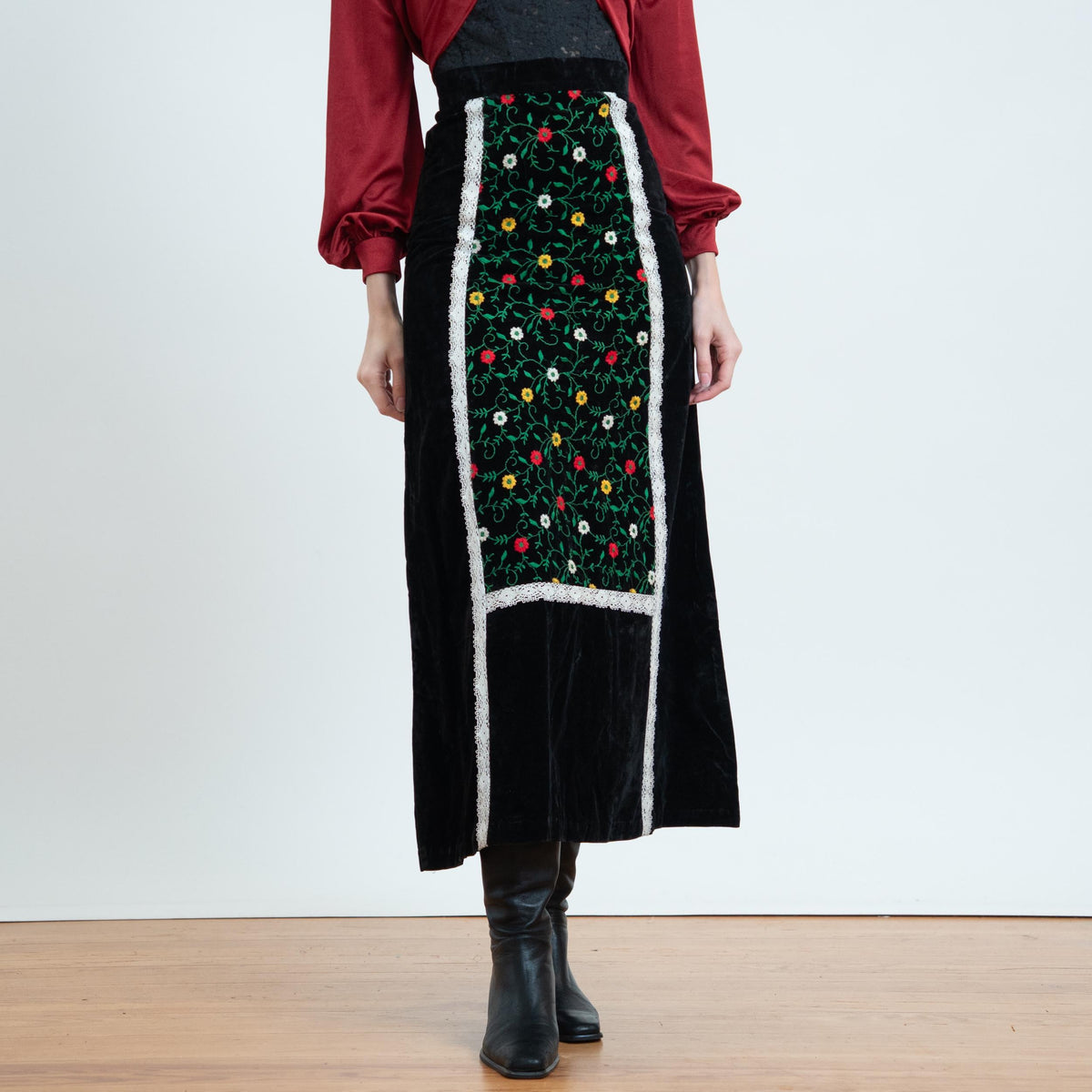Vintage 70s Black Velvet Embroidered Floral Maxi Skirt - Extra Small, 24" Waist | Boho Folk Prairie Skirt