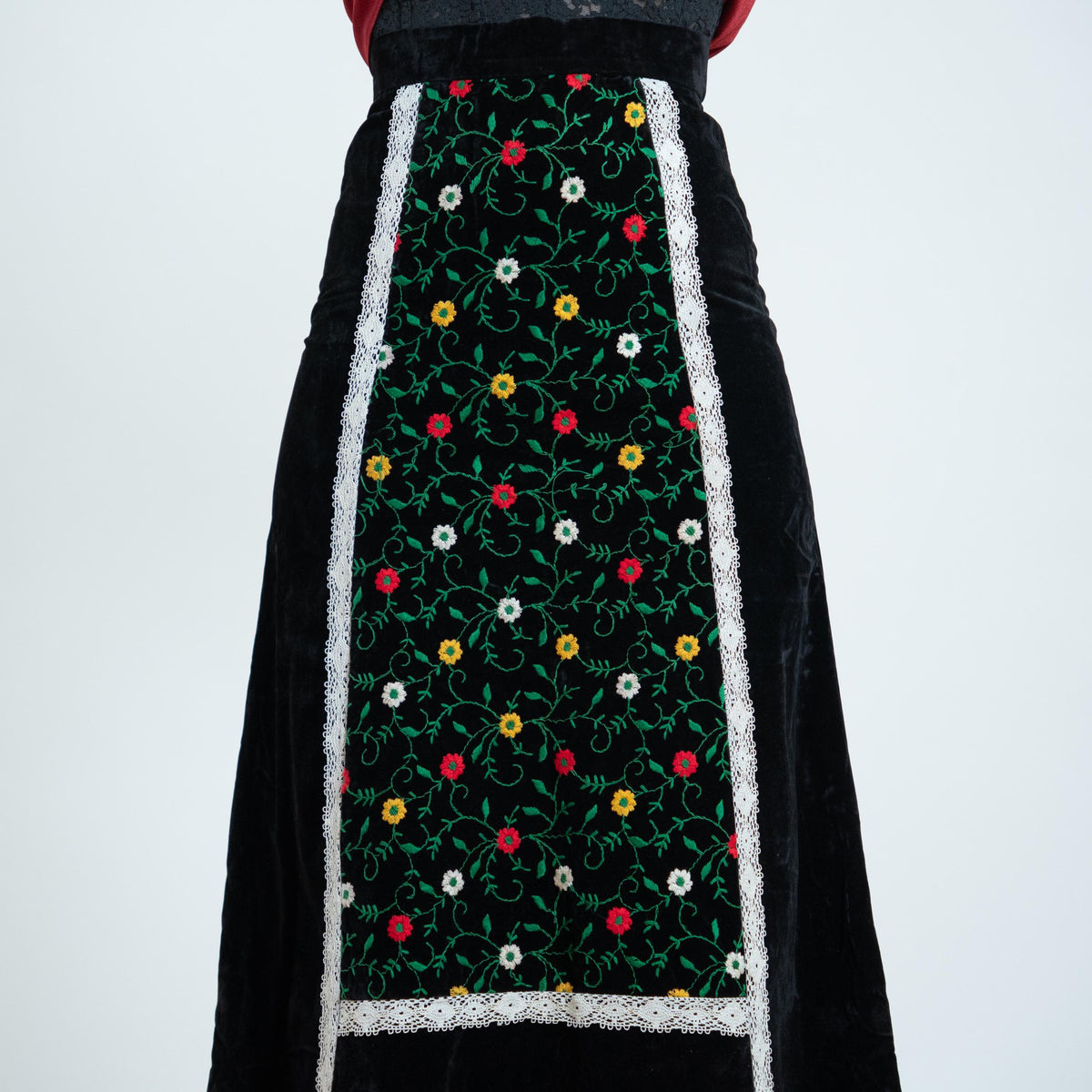 Vintage 70s Black Velvet Embroidered Floral Maxi Skirt - Extra Small, 24" Waist | Boho Folk Prairie Skirt